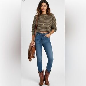 Cotton Blend Oversized Striped Cropped Crewneck Sweaters